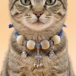 NonoPets Handcrafted Japanese-Style Adjustable Small Dog & Cat Collar with Lucky Charm & Wooden Beads, Navy Blue, Medium: 20-in neck, 1/2-in wide