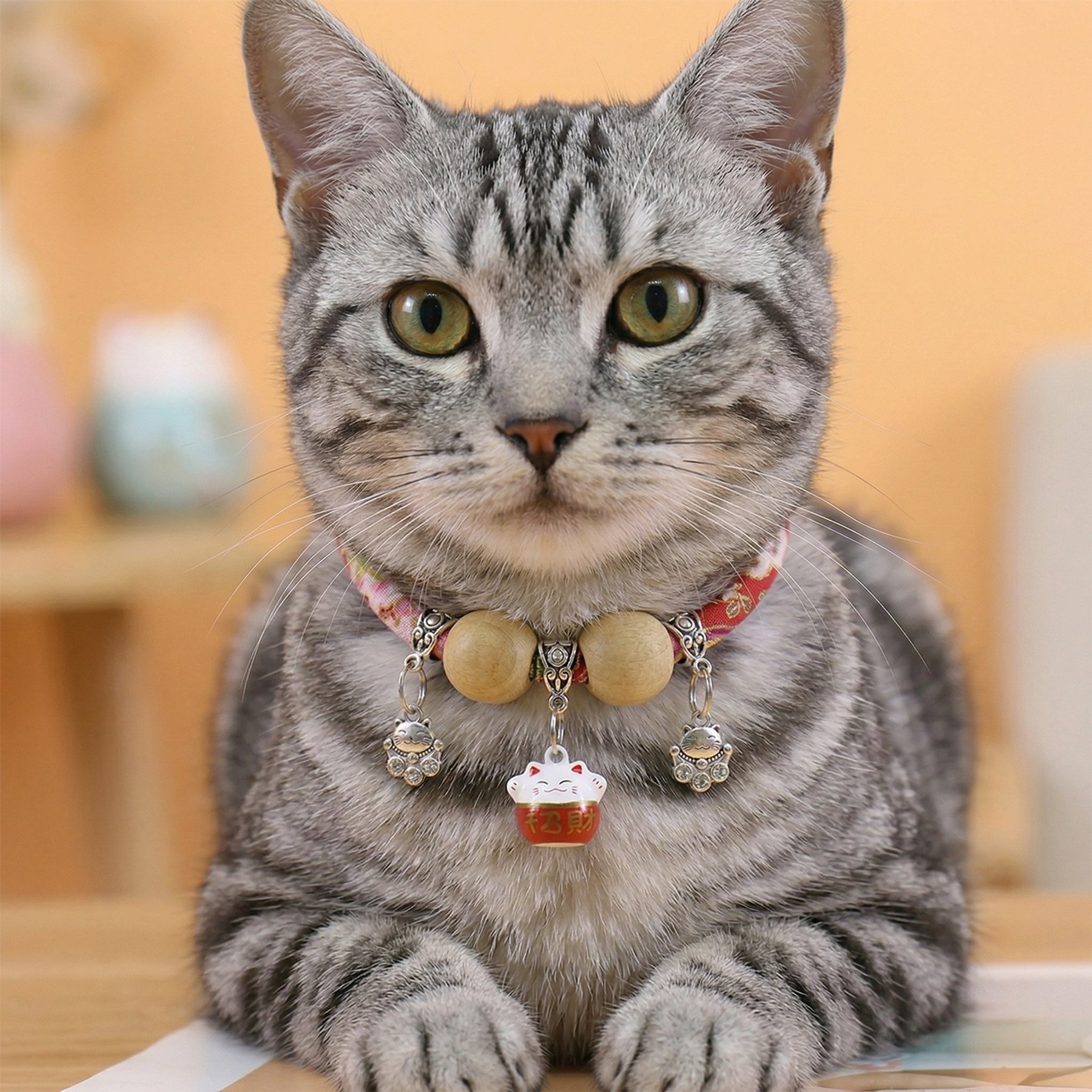 NonoPets Handcrafted Japanese-Style Adjustable Small Dog & Cat Collar with Lucky Charm & Wooden Beads, Red, Medium: 20-in neck, 1/2-in wide