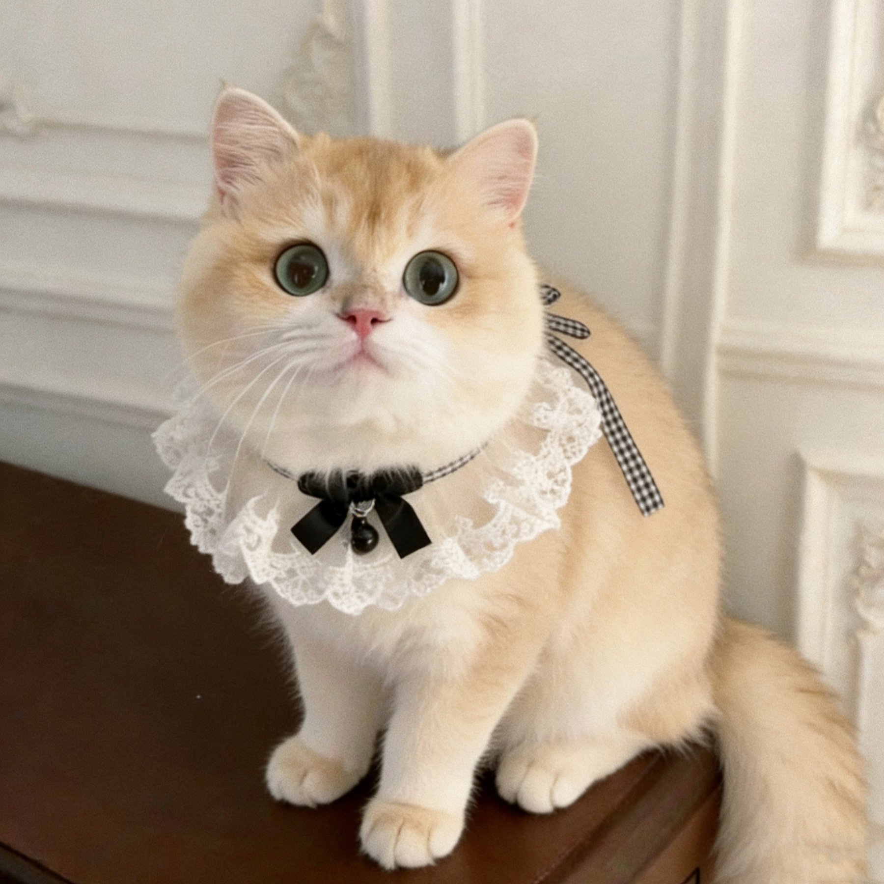 NonoPets Victorian Ruffled Lace Elegant Princess-Style Bib Satin Bow with Bell Puppy & Cat Collar, Small: 8-in neck, 1/2-in wide