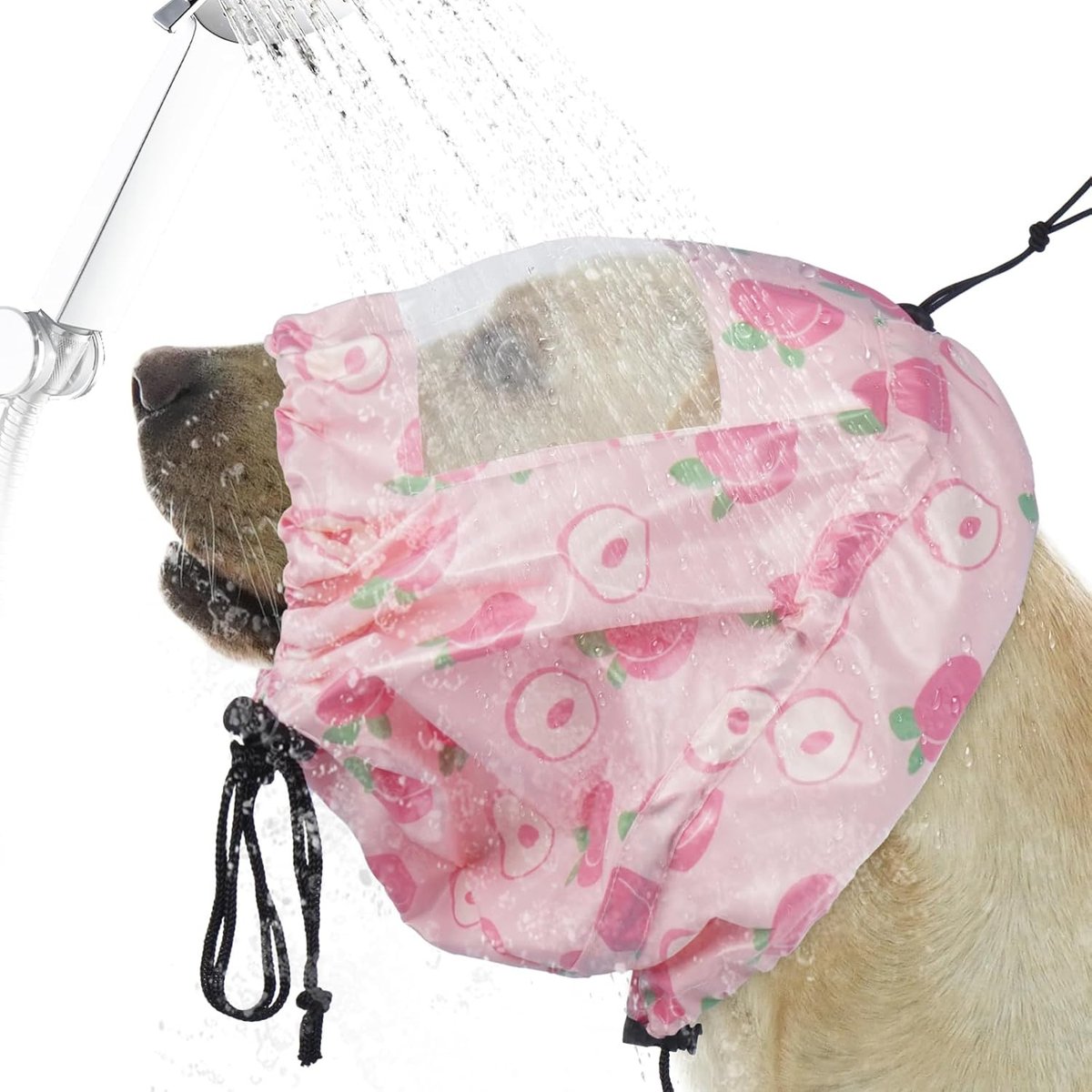 NANAKI Reusable Waterproof Adjustable Ear Cover for Bathing, Grooming, Swimming, Drawstring Dog Shower Cap, Standard, Pink