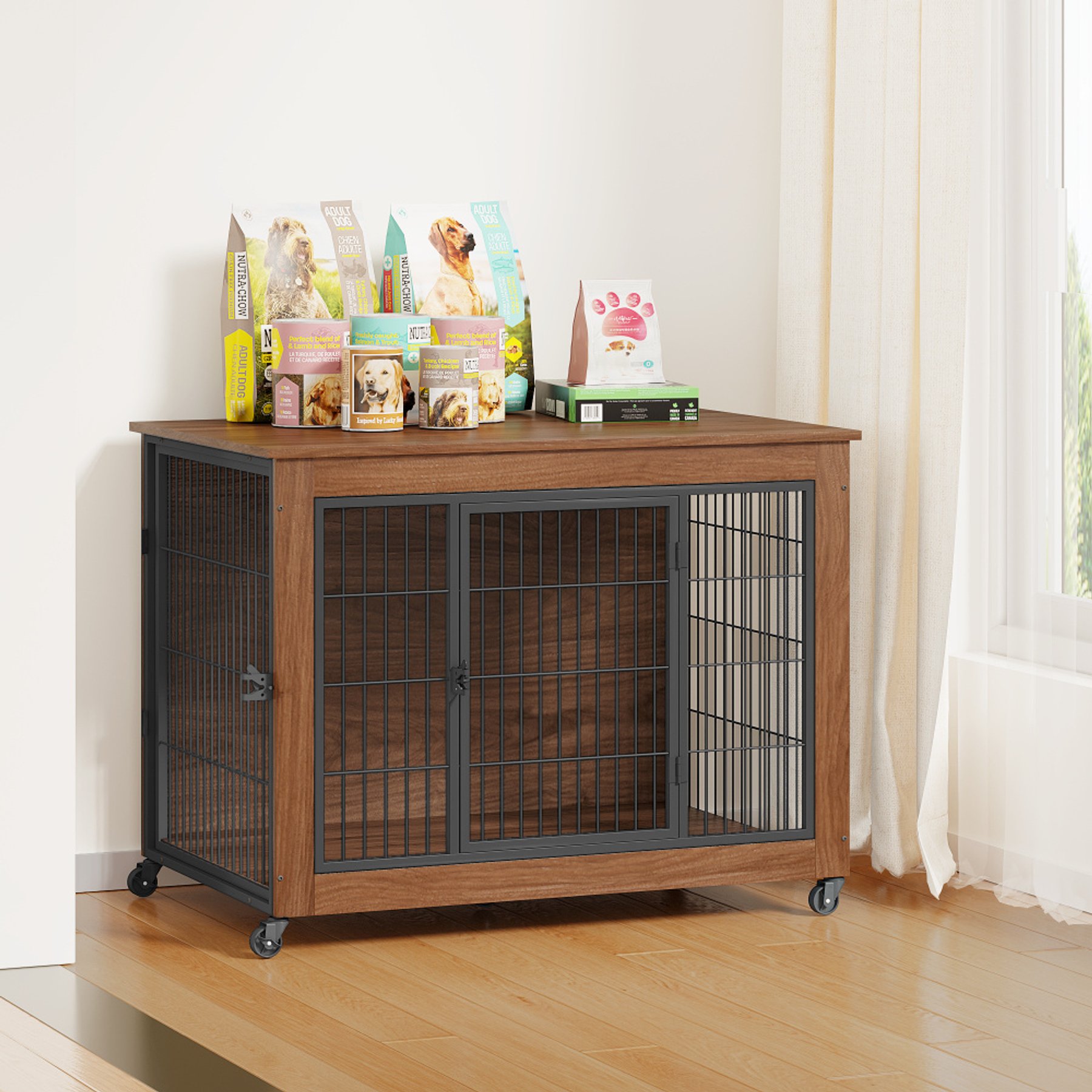 jansno Double-Doors Furniture with Wheels, Wooden Cage End Table Dog Crate, Brown, 38.6-in