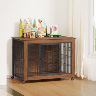 jansno jansno Double-Doors Furniture with Wheels, Wooden Cage End Table Dog Crate, Brown, 38.6-in