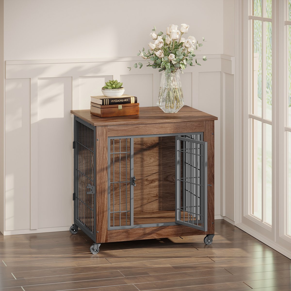 jansno Double-Doors Furniture with Wheels, Wooden Cage End Table Dog Crate, Brown, 27.2-in