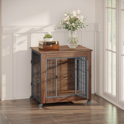 jansno jansno Double-Doors Furniture with Wheels, Wooden Cage End Table Dog Crate, Brown, 27.2-in