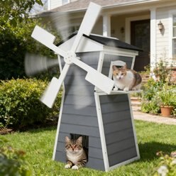 Coziwow Weatherproof Fun Windmill-Shaped Wooden Outdoor Cat House, Grey