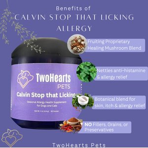 TwoHearts Pets Calvin’s Stop-That-Licking Allergy Relief Powdered Supplements for Dogs & Cats, 4-oz box, 60 count