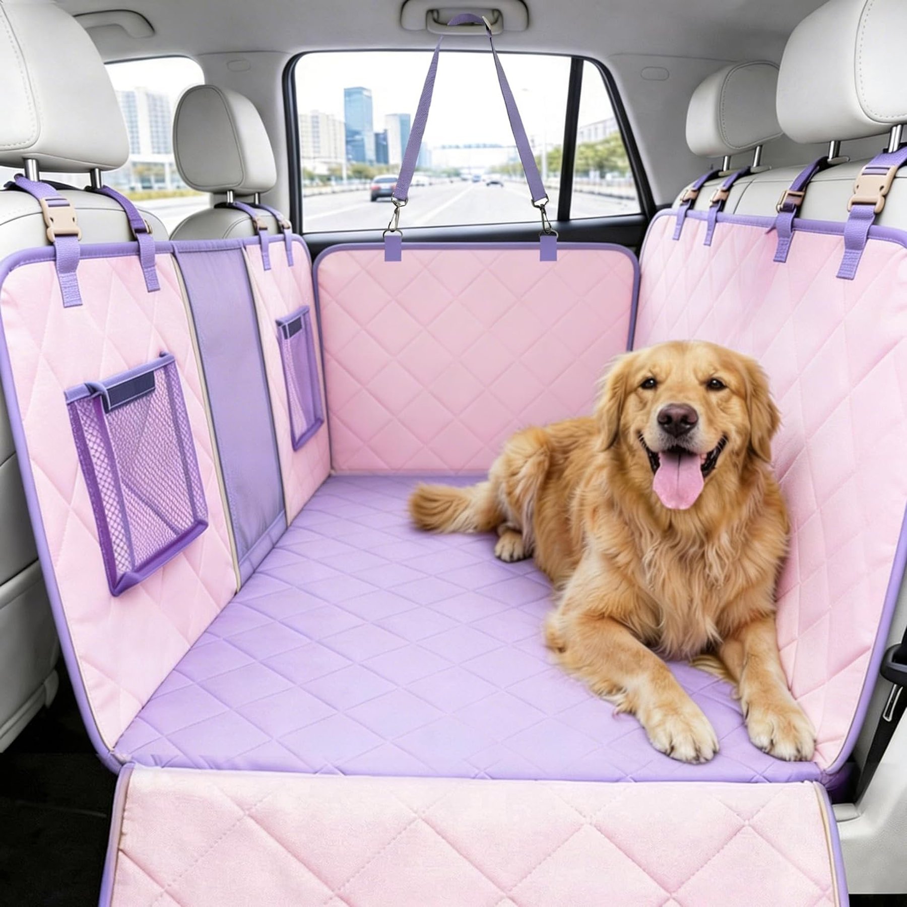 Bella & Pal Hard-Bottom Waterproof Hammock Backseat Car Seat Cover Extender for Dogs, 52 x 25-in, Lavender/Pink