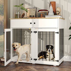 TIMHAKA Furniture Double Dog Crate with Removable Divider, Wooden Cage & 2 Doors, White, 40.9 x 23.6 x 35.1-in