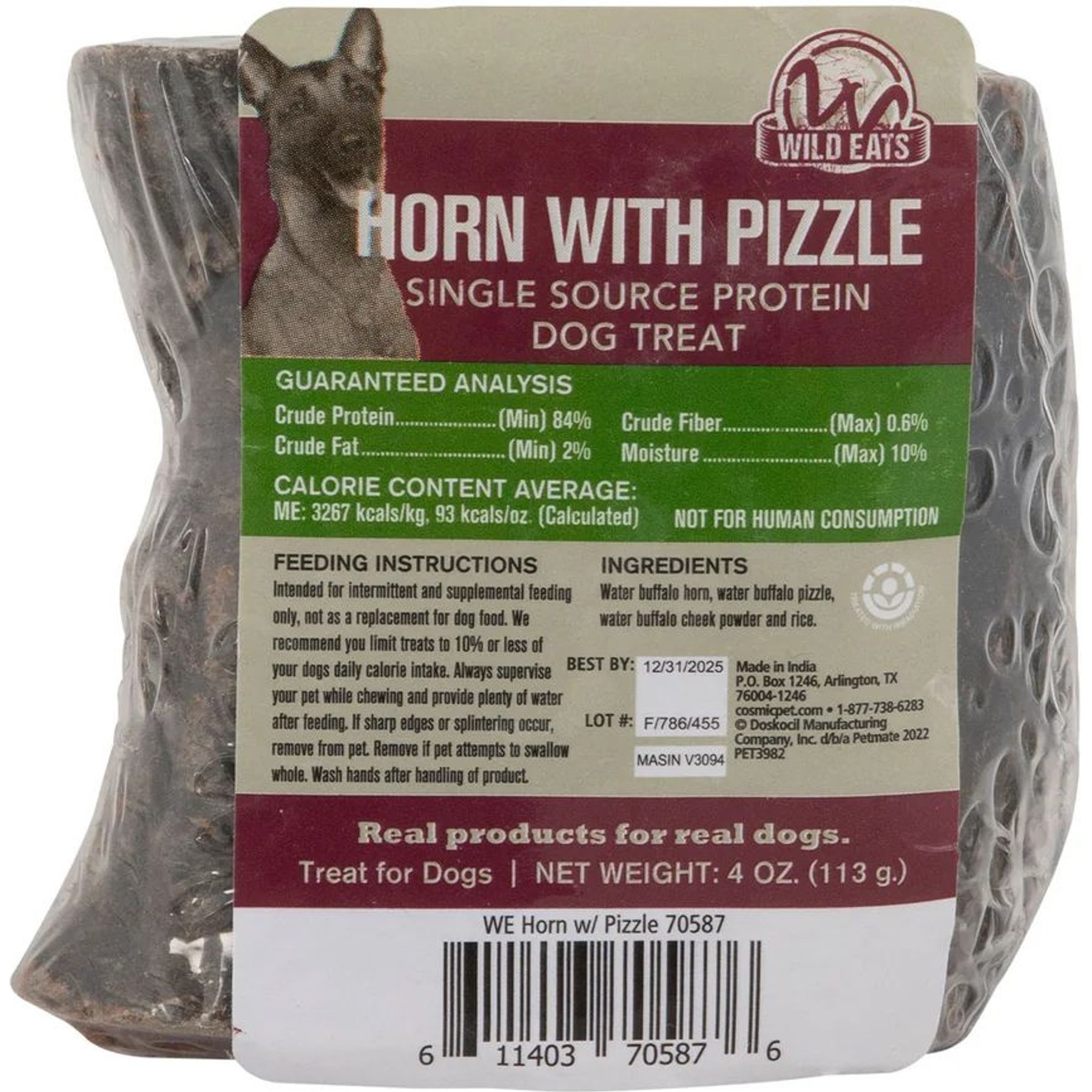 Wild Eats 3-in Water Buffalo Horn with Pizzle Single Source Protein Grain-Free Dog Chew Treats