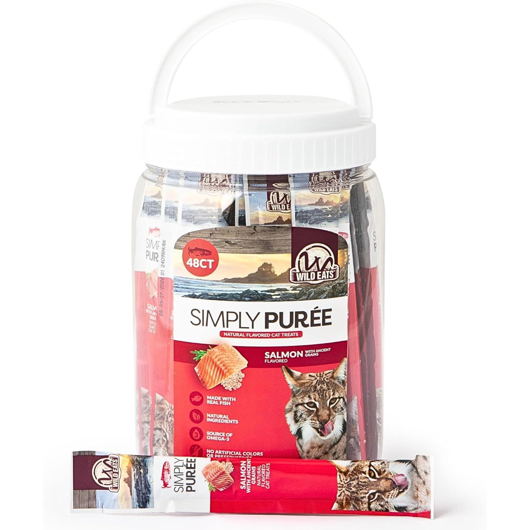Wild Eats Simply Puree Natural Salmon with Ancient Grains Flavored Lickable Cat Treats, 2-lb tub, case of 48