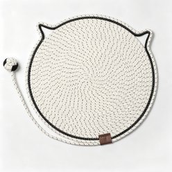 DOPZER Round Cotton Rope Woven Washable Anti-Slip Interactive Cat Scratcher Mat with Ball Toy, 19.7 x 19.7 x 0.3-in, White