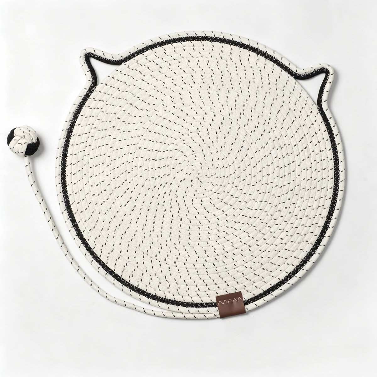 DOPZER Round Cotton Rope Woven Washable Anti-Slip Interactive Cat Scratcher Mat with Ball Toy, 19.7 x 19.7 x 0.3-in, White