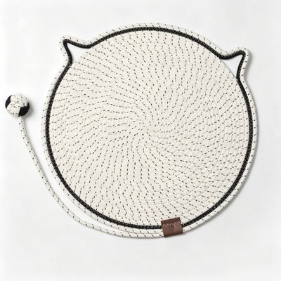 DOPZER DOPZER Round Cotton Rope Woven Washable Anti-Slip Interactive Cat Scratcher Mat with Ball Toy, 19.7 x 19.7 x 0.3-in, White