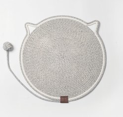 DOPZER Round Cotton Rope Woven Washable Anti-Slip Interactive Cat Scratcher Mat with Ball Toy, 19.7 x 19.7 x 0.3-in, Grey