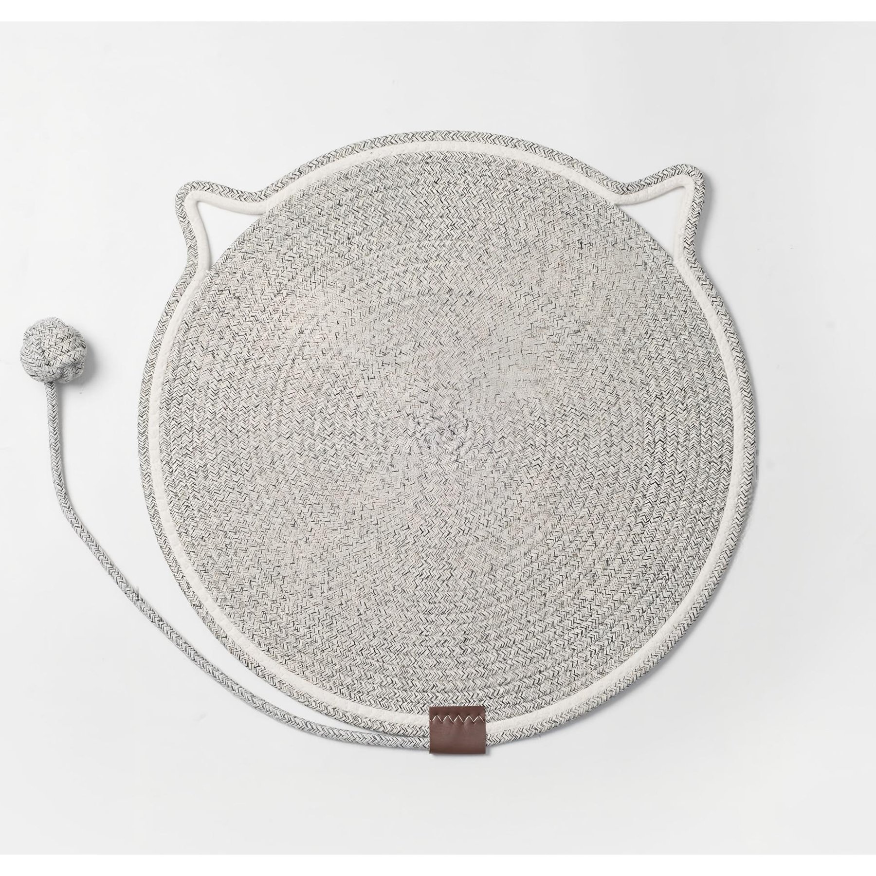 DOPZER Round Cotton Rope Woven Washable Anti-Slip Interactive Cat Scratcher Mat with Ball Toy, 19.7 x 19.7 x 0.3-in, Grey
