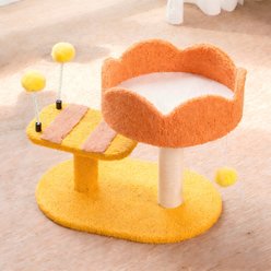 DOPZER 14.6-in Plush Interactive Cat Scratching Post with Cozy Perch Bed & Spring Ball Toy, Orange/Yellow