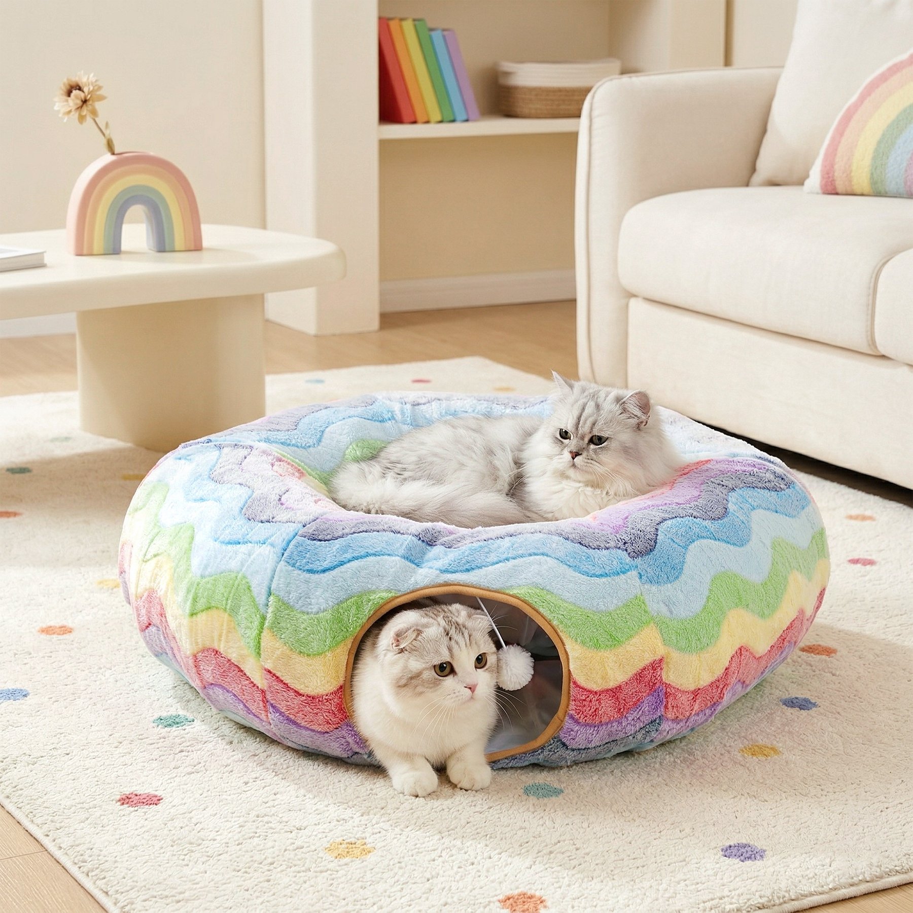Happy & Polly Orthopedic Bolster Cat Bed with Circle Tunnel, Rainbow Striped