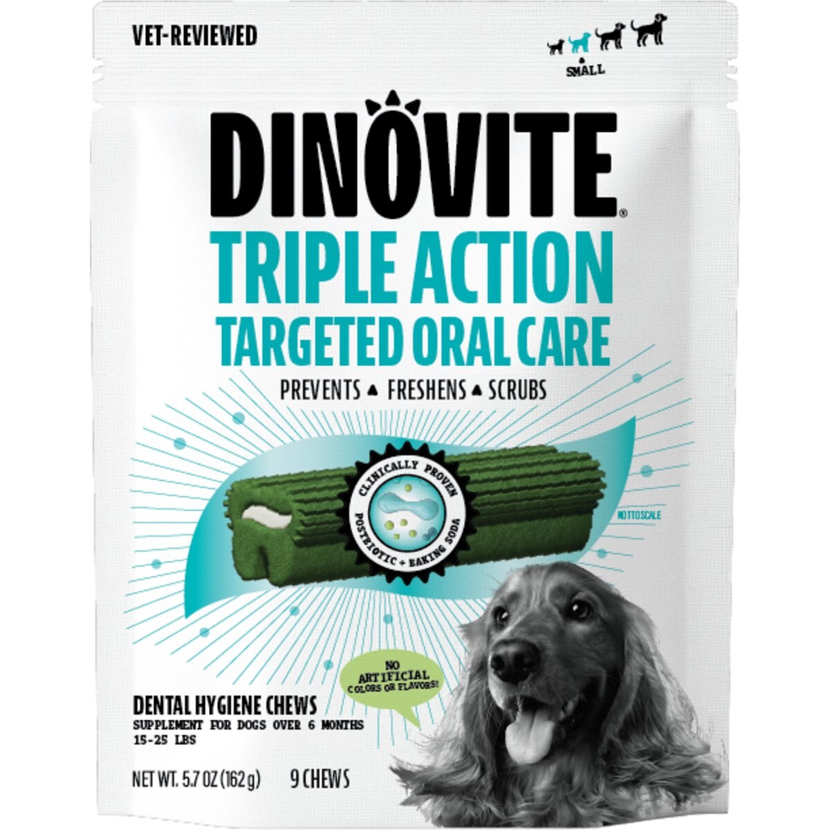 Dinovite Triple Action Oral Care Small Dog Dental Chew Treats, 9 count