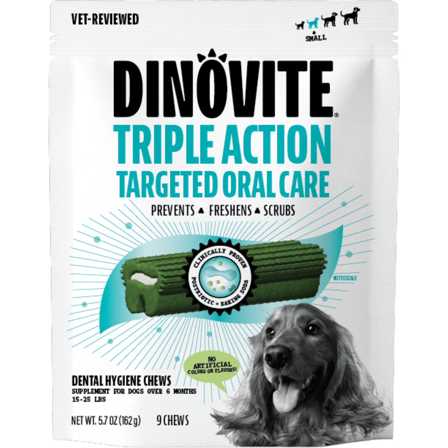Dinovite Triple Action Oral Care Small Dog Dental Chew Treats, 9 count