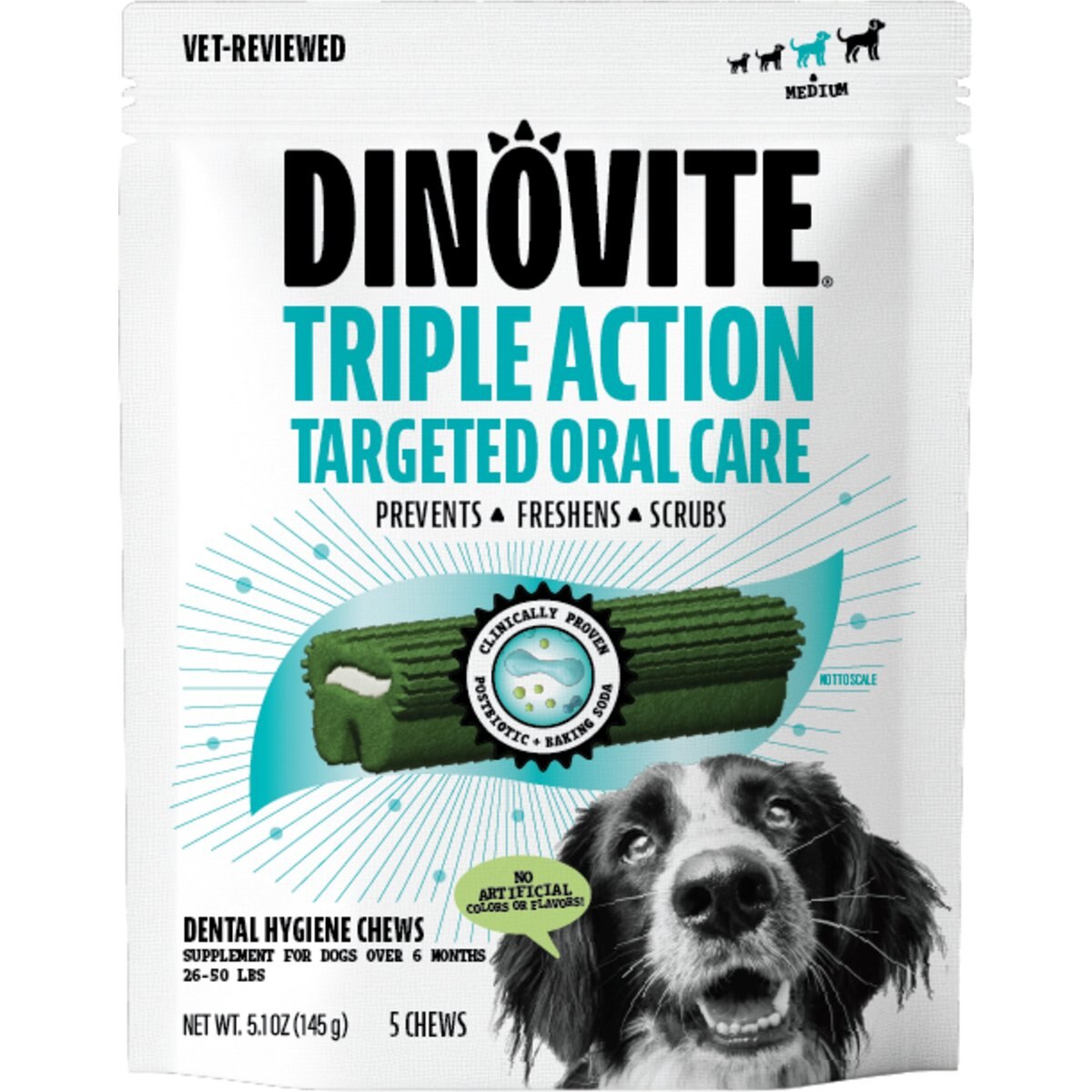 Dinovite Triple Action Oral Care Medium Dog Dental Chew Treats, 5 count