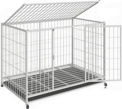Fuzzy Bird Three-Door Wire Metal Cage Dog Crate with Removable Tray & Wheels, White, Small: 38-in