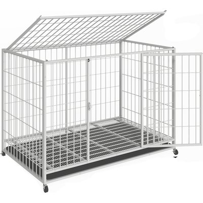 Fuzzy Bird Fuzzy Bird Three-Door Wire Metal Cage Dog Crate with Removable Tray & Wheels, White, Small: 38-in