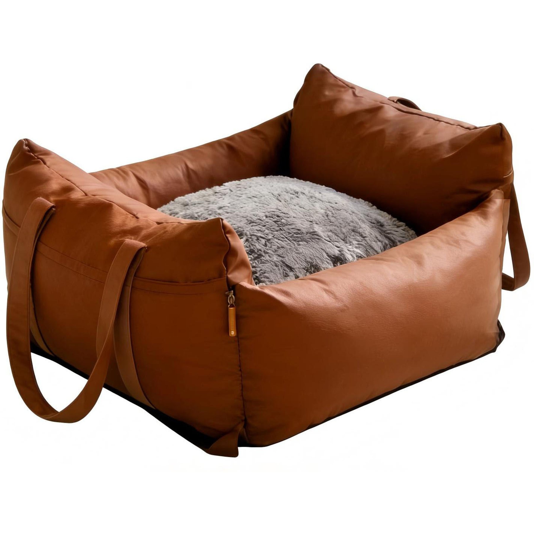 Fuzzy Bird Soft Comfort Modern Durable Leather Travel Bed for Small Dogs & Cats, Medium, Khaki