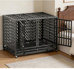 Fuzzy Bird Heavy-Duty Escape-Proof Dual-Compartment Crate with Divider Accommodates for Two Dogs with Tray, Wheels & Lock, Black, 48-in