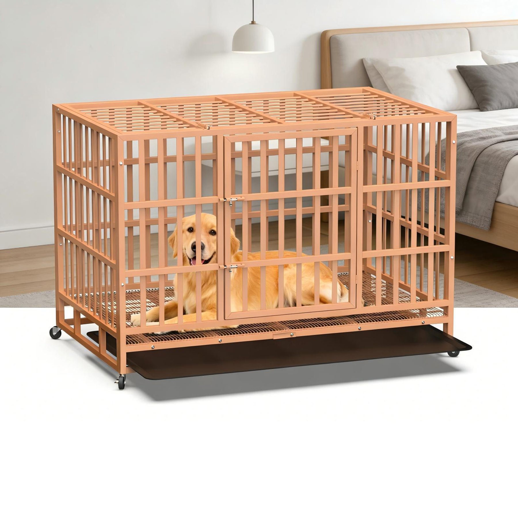 Fuzzy Bird Heavy-Duty Dog Crate with Tray, Wheels & Lock, Orange, Large: 48-in
