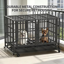 Fuzzy Bird Durable Escape-Proof Steel Three-Door Dual-Compartment Dog Cage with Wheels, Removable Tray & Divider, Black, Large: 48-in slide 2 of 6