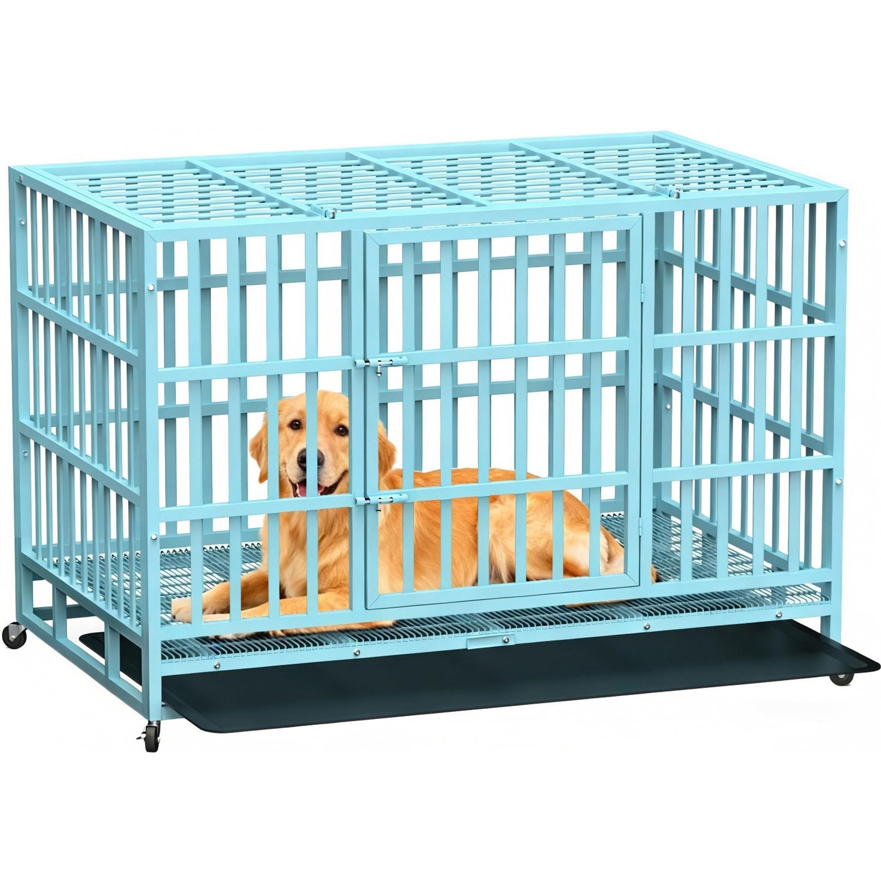 Fuzzy Bird Heavy-Duty Dog Crate with Tray, Wheels & Lock, Blue, Large: 48-in