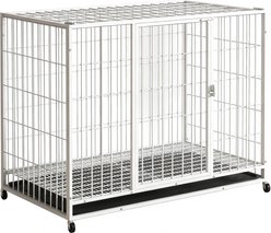 Fuzzy Bird Three-Door Wire Metal Cage Dog Crate with Removable Tray & Wheels, White, Large: 48-in