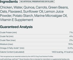 JustFoodForDogs JustFresh Boosts Sensitive Skin Human-Grade Wet Dog Food Topper with Vitamin C, Vitamin E, Algae Oil & Omega-3 Fatty Acids, 8-oz pouch, case of 8 slide 2 of 9