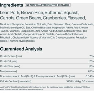 JustFoodForDogs Adult Fresh Frozen Healthy Weight Human-Grade Pork Dog Food, 18-oz pouch, case of 21