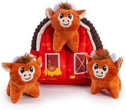 Outward Hound Hide-A-Cow 2-in-1 Interactive Hide & Seek Plush Puzzle with Barn & 3 Squeaky Highland Cows Dog Toy