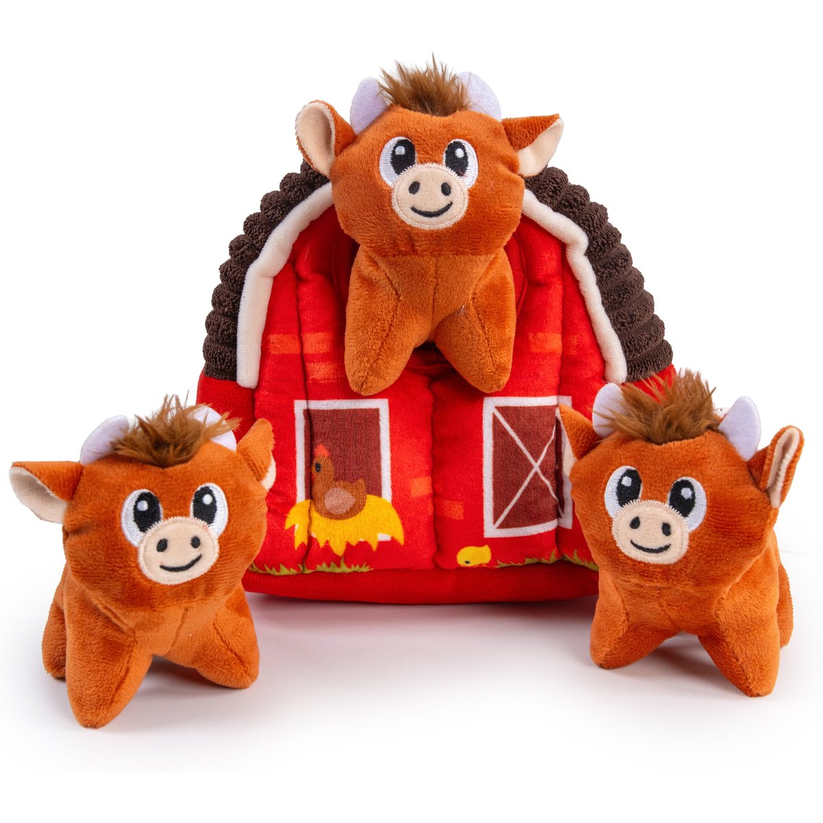 Outward Hound Hide-A-Cow 2-in-1 Interactive Hide & Seek Plush Puzzle with Barn & 3 Squeaky Highland Cows Dog Toy