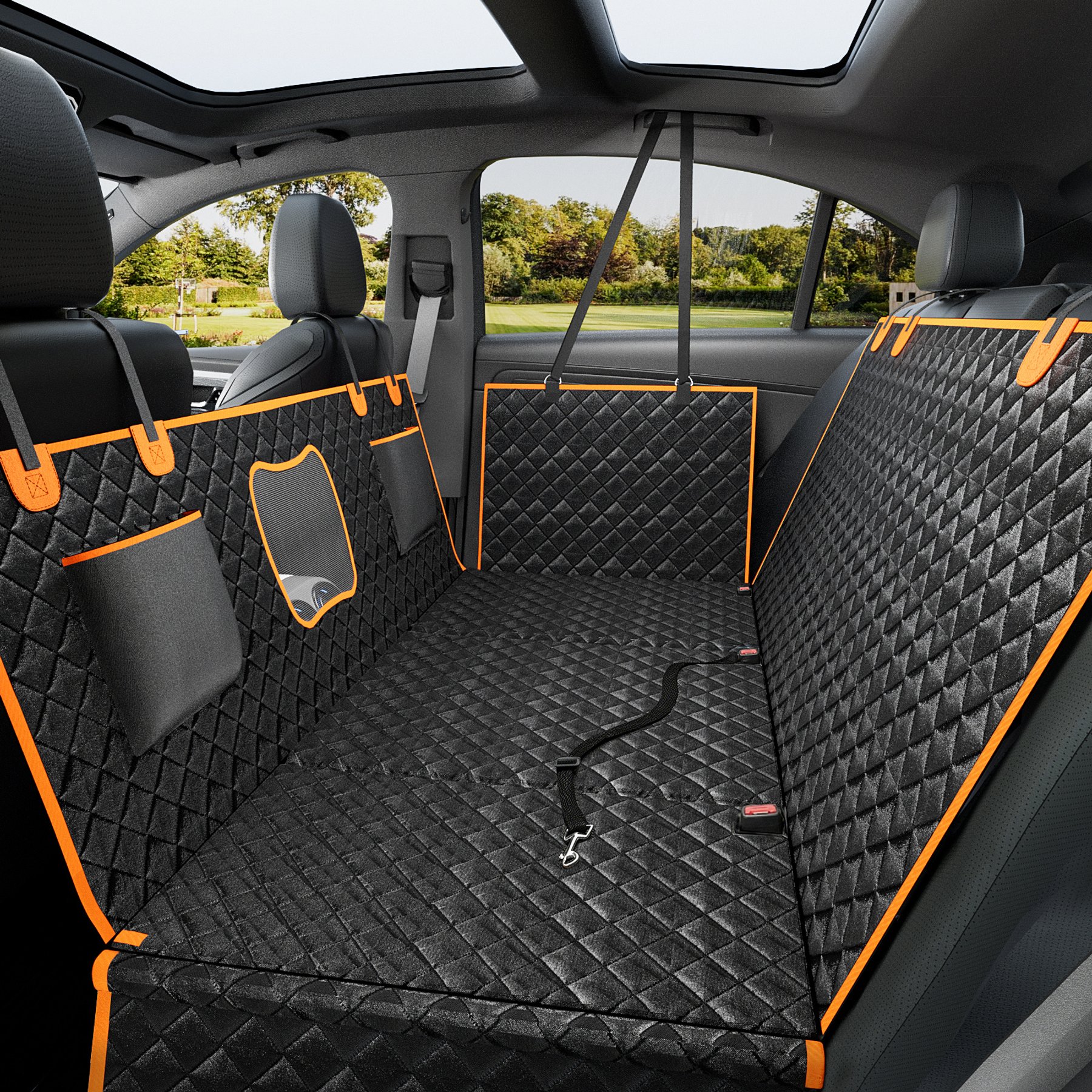 PawsNestParlor Water Resistant Hard Bottom Hammock Dog Car Seat Cover with Seatbelt Tether, Orange, Medium: 52 x 24.8 x 15.7-in