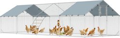 PawHut Metal Chicken Run with Feeding Door, Waterproof Cover, Hanging Feeder, Perch, 26 x 10 x 6.4-ft