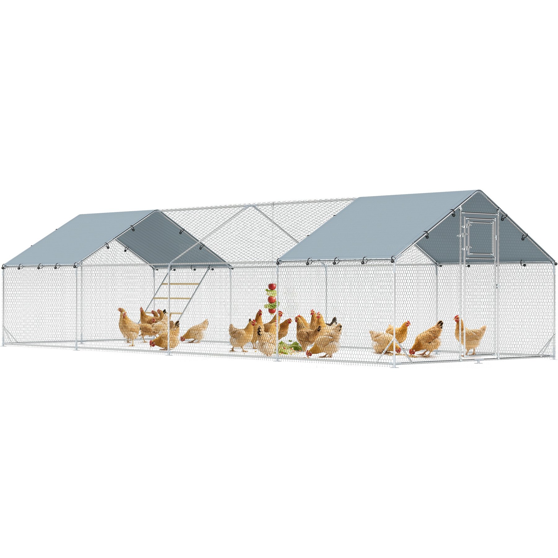 PawHut Metal Chicken Run with Feeding Door, Waterproof Cover, Hanging Feeder, Perch, 26 x 10 x 6.4-ft