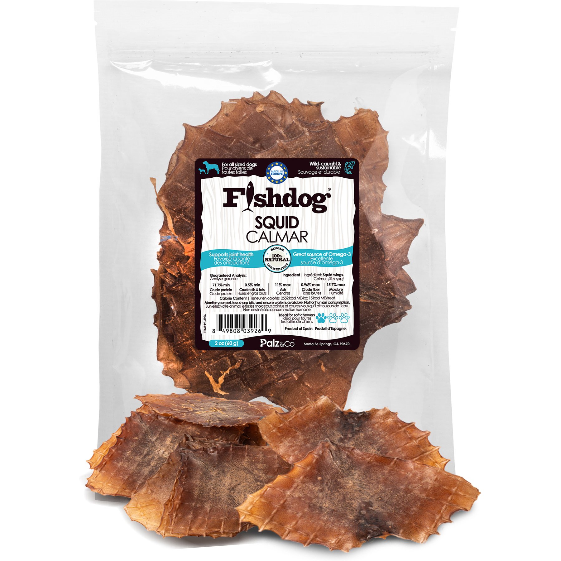 Palz&Co Fishdog Grain-Free Squid Dehydrated Dog Treats, 2-oz pouch
