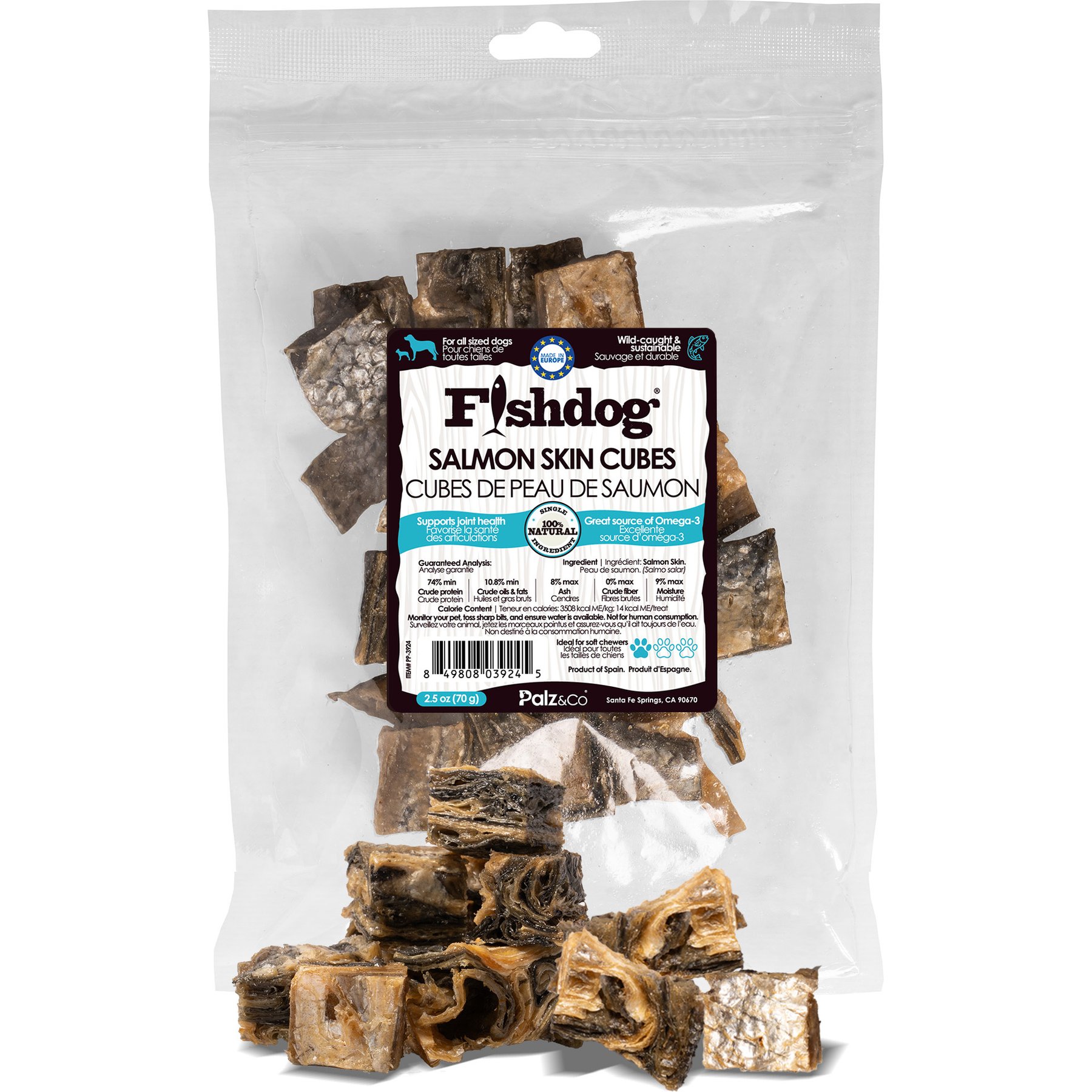 Palz&Co Fishdog Grain-Free Salmon Skin Cube Dehydrated Dog Treats, 2.5-oz pouch