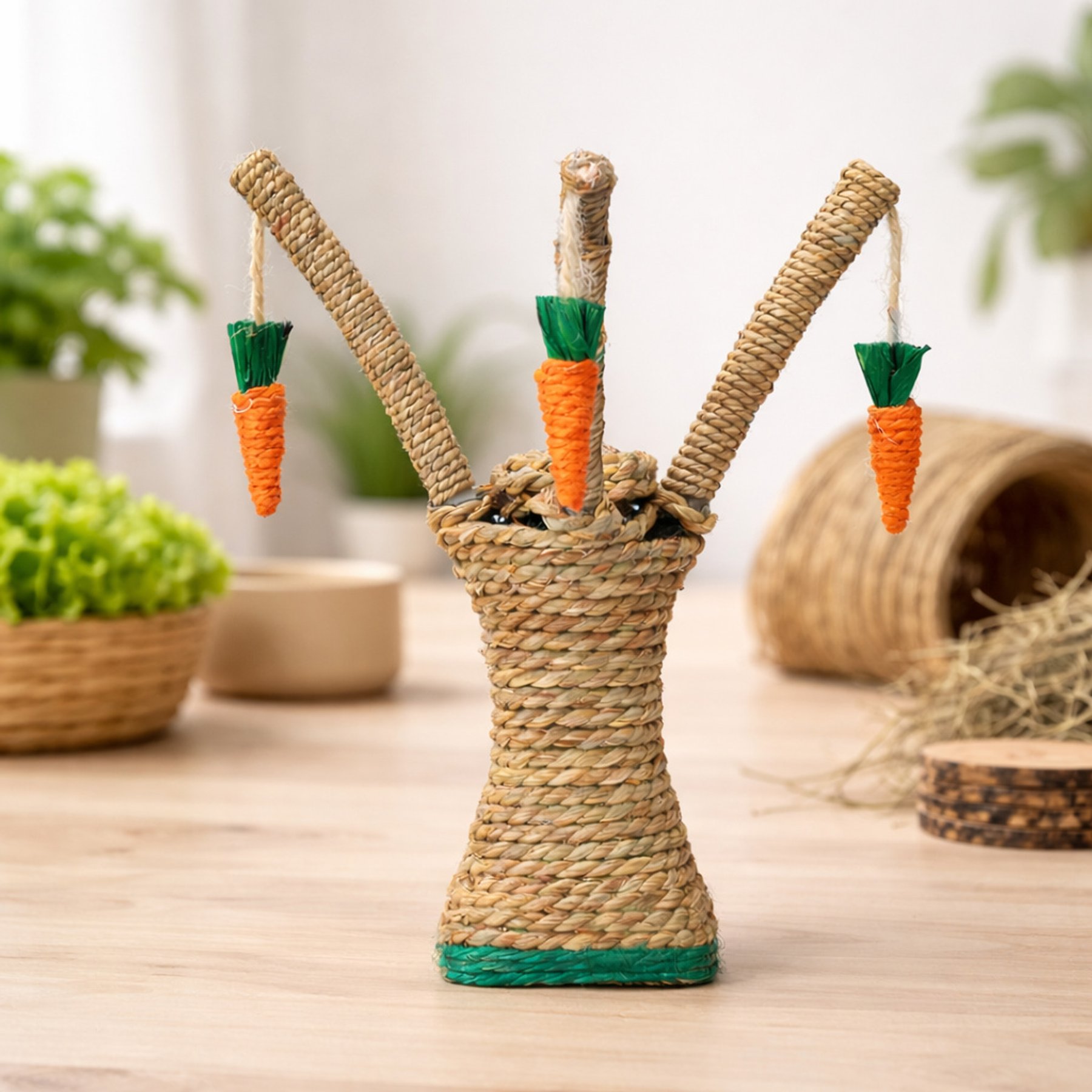 NonoPets Interactive Tree-Branch Durable Natural Seagrass Small Space Activity Dog & Cat Scratcher with Hanging Carrot Toy, Small