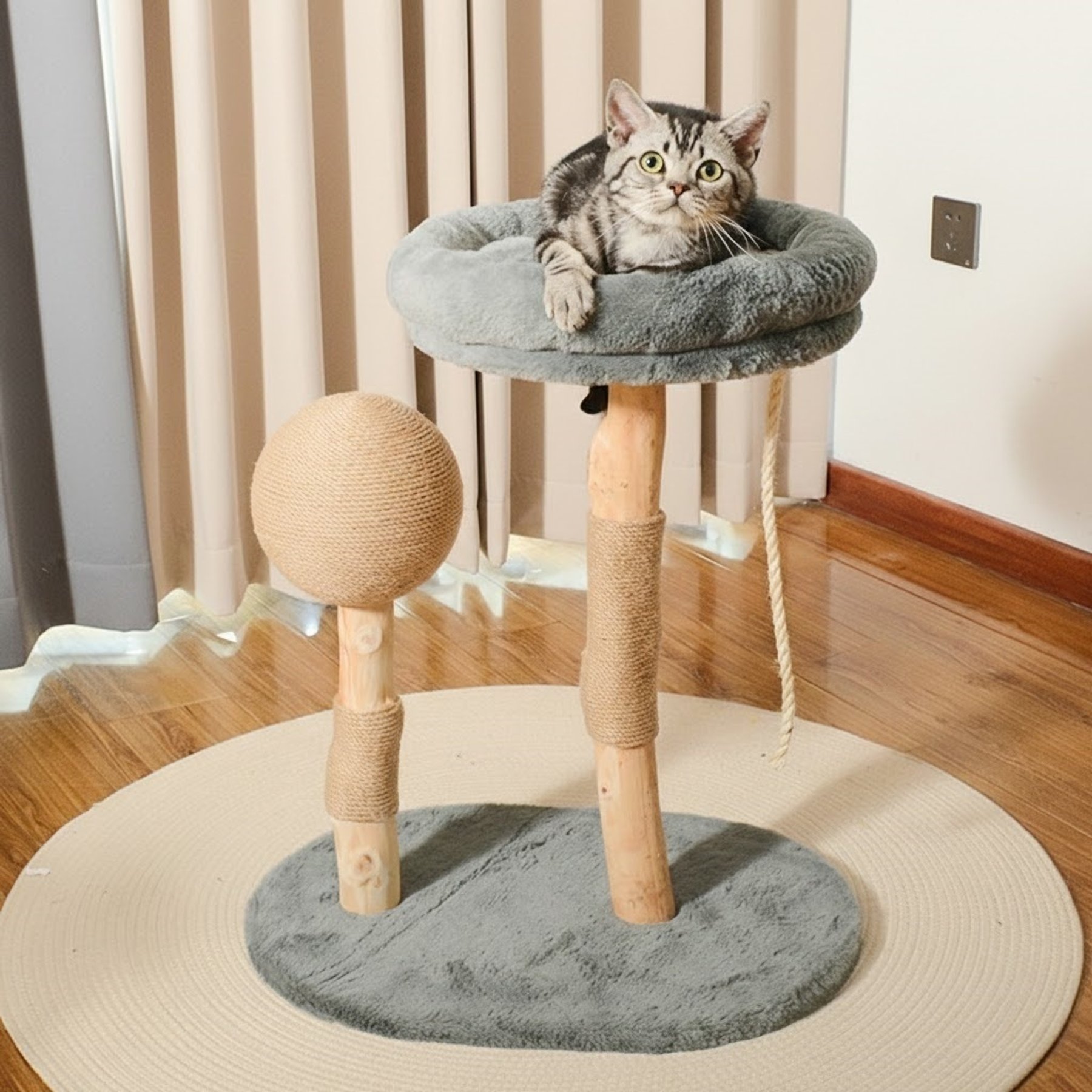 NonoPets Natural Fruit Wood 15-in Washable Plush Sisal-Scratching Cat Tree, Grey