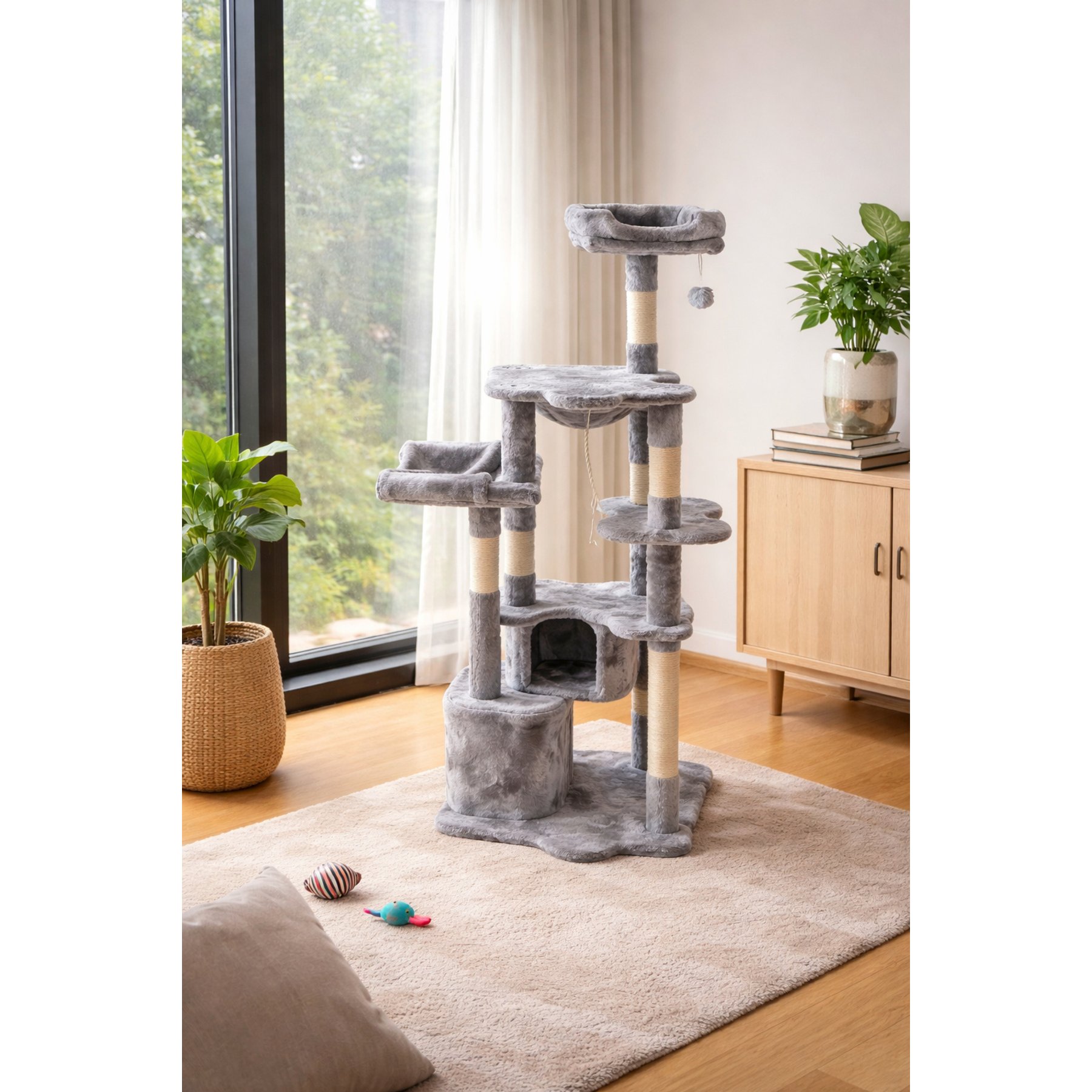 NonoPets Luxury Multi-Level 57-in Deep Padded-Perch Enclosed Cave Hammock Sisal-Scratching Cat Tree, Grey