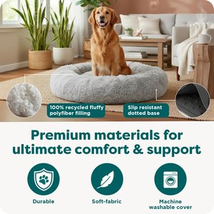 FurHaven Calming Cuddler Long Fur Donut Bolster Dog Bed, Gray, Medium