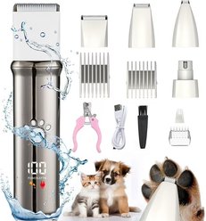 MeWang 4-in-1 Quiet Grooming Kit with Nail Grinder, Cordless Waterproof Dog & Cat Clipper, Gunmetal Gray, One Size