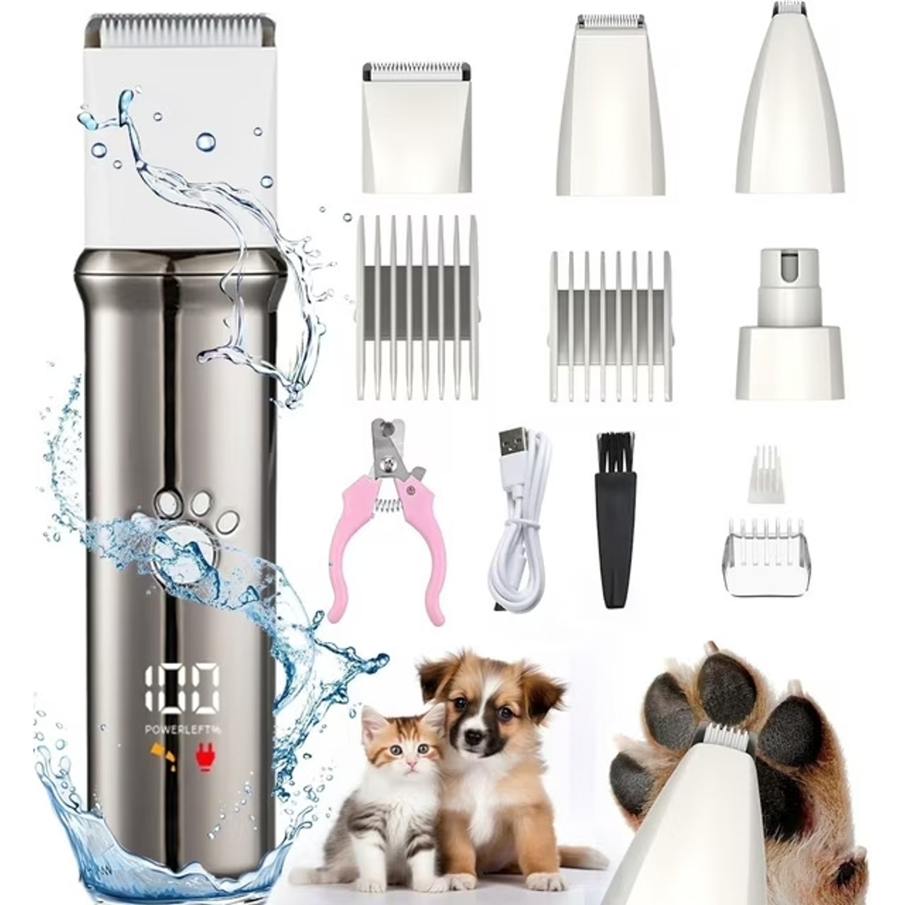 MeWang 4-in-1 Quiet Grooming Kit with Nail Grinder, Cordless Waterproof Dog & Cat Clipper, Gunmetal Gray, One Size
