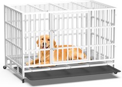 Xbrigh Heavy Duty Indestructible Escape Proof Steel Double Door Dog Crate with Wheels & Removable Tray, Large: 48-inch, White