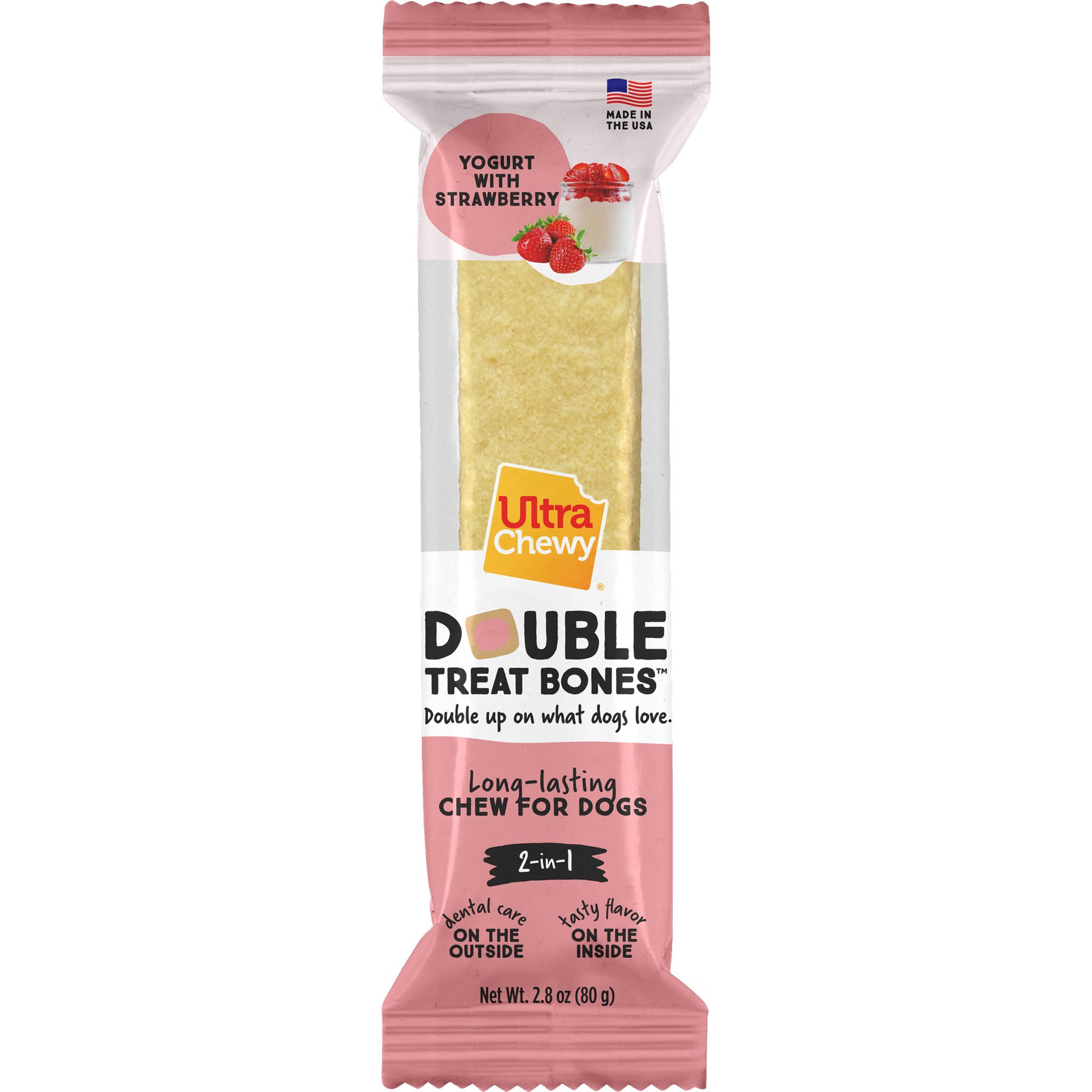 Ultra Chewy UC Double Treat Bone Strawberry Yogurt Dog Dental Chew Treats, 2.8-oz bag, 5 count