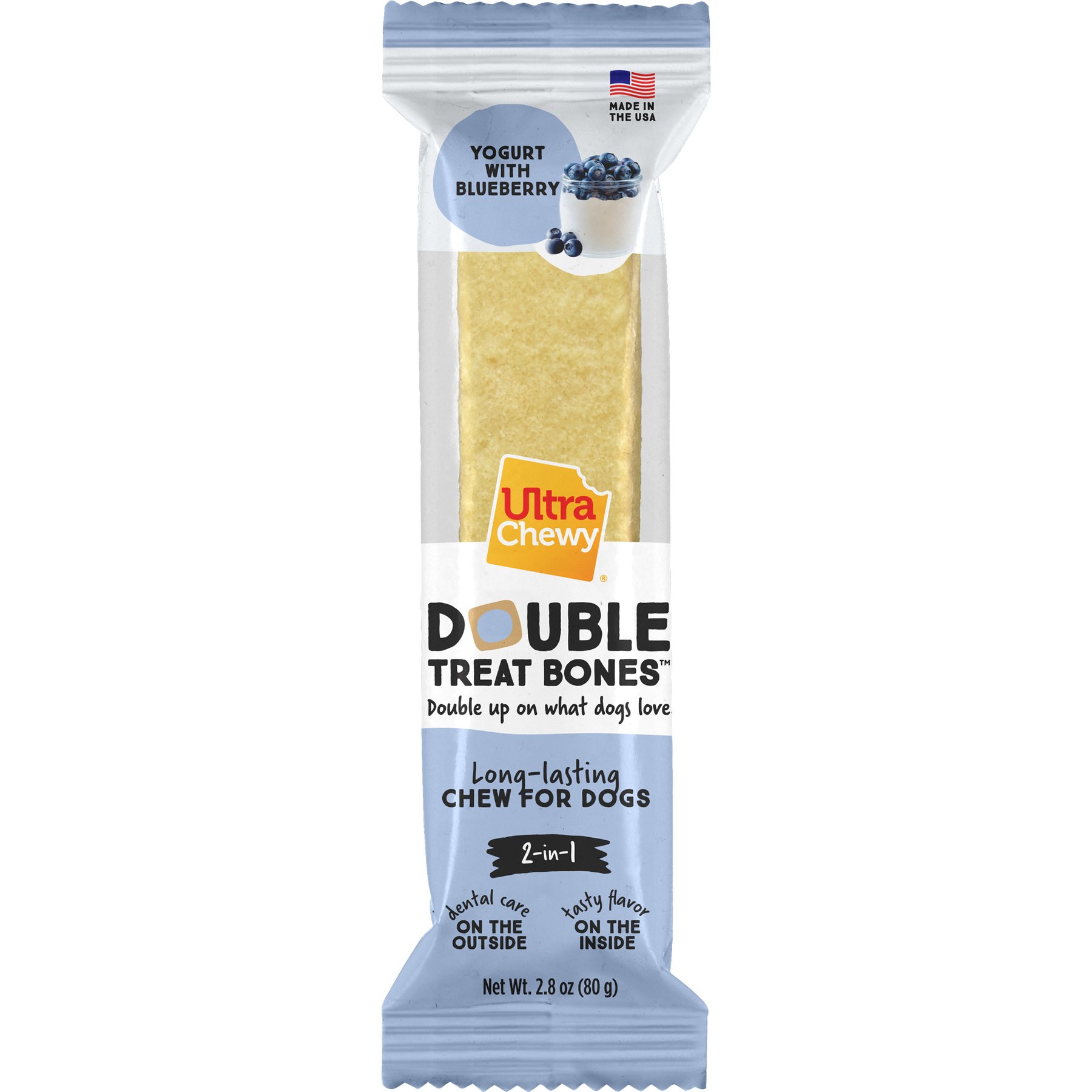 Ultra Chewy UC Double Treat Bone Blueberry Yogurt Dog Dental Chew Treats, 2.8-oz bag, 5 count